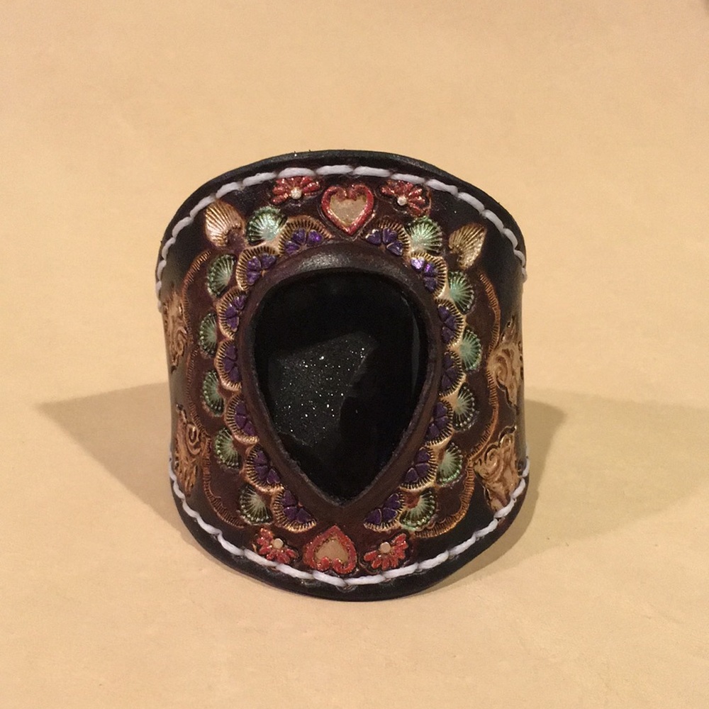 Hand Tooled Leather Bracelet w/ Black Onyx & Druzy Inlay Boho Chic Festival